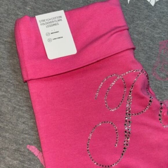 NWT Victoria’s Secret PINK Foldover Flare Leggings Carmine Rose Rhinestone Bling - Picture 7 of 8
